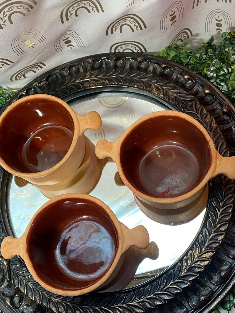 Set of 3 Vintage Terracotta Double-Handled Soup Bowls - Brown Interior